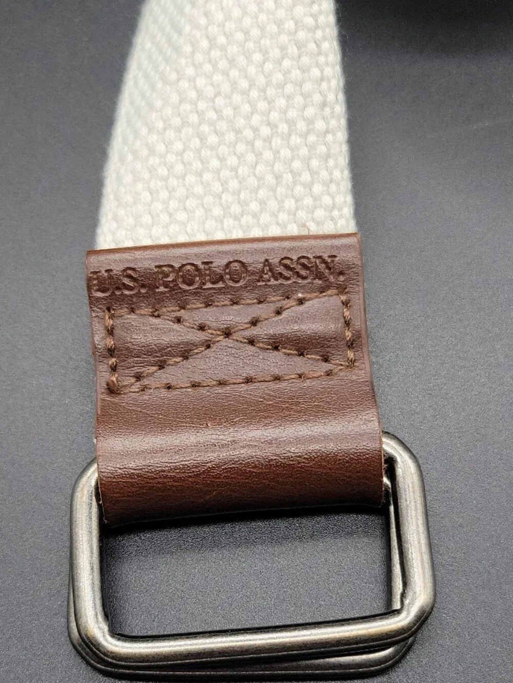 U.S. Polo Assn. Men's White/Brown Webbed Belt Adjustable Logo Metal Buckle 36
